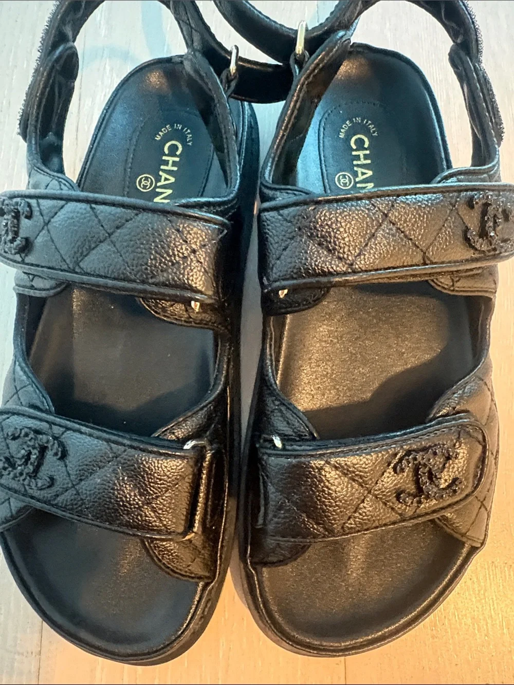 Black Quilted Leather Kids Velcro Strap Sandals